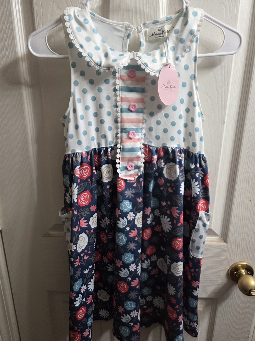 Marie Nicole Navy Floral & Light Blue Polka Dot Girls Dress